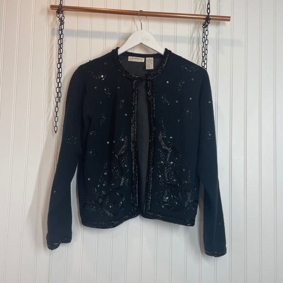 Liz Claiborne Black Lambswool Blend Beaded Open Cardigan Sweater Size S - Picture 1 of 6